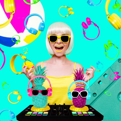 Young sexy woman dj playing music. Headphones and dj mixer on blue background. Fashion beach concept art collage
