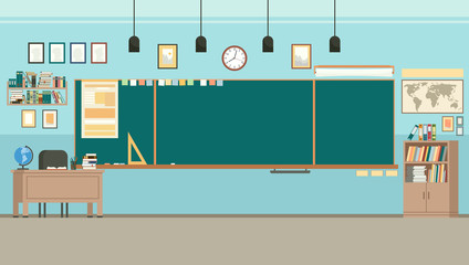 School classroom with chalkboard. Study class with blackboard and teachers desk. Vector - obrazy, fototapety, plakaty
