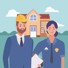 Professionals workers couple smiling cartoons