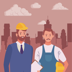 Professionals workers couple smiling cartoons
