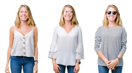 Collage of beautiful blonde woman over white isolated background with a happy and cool smile on face. Lucky person.