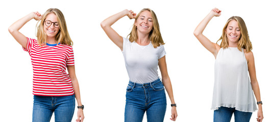 Collage of beautiful blonde woman over white isolated background Dancing happy and cheerful, smiling moving casual and confident listening to music