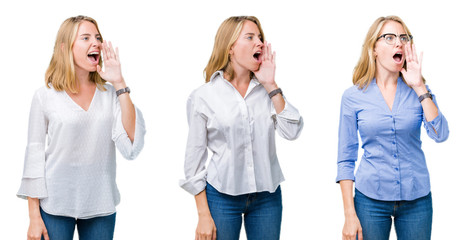 Collage of beautiful blonde business woman over white isolated background shouting and screaming loud to side with hand on mouth. Communication concept.