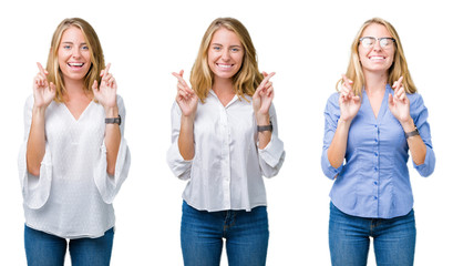 Collage of beautiful blonde business woman over white isolated background smiling crossing fingers with hope and eyes closed. Luck and superstitious concept.