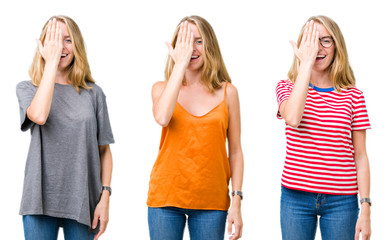 Collage of beautiful blonde woman over white isolated background covering one eye with hand with confident smile on face and surprise emotion.