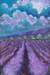 A field of lavender. Landscape drawing. The texture of pastels. - obrazy, fototapety, plakaty