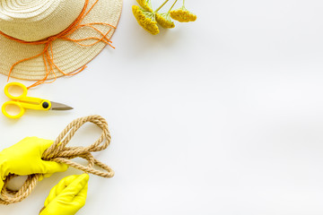 Equipment for growing plants in garden on white background top view space for text