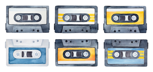Watercolor set of vintage compact cassettes. Symbol of music, sound, playlist, audio equipment. Hand drawn watercolour graphic drawing on white, cutout clipart elements for creative design decoration.