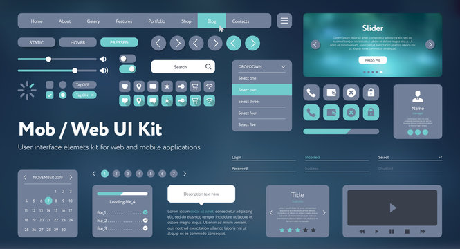 Flat Mobile Web UI Kit. Universal user interface for designing responsive websites, mobile apps. Gradient background. Different UX, GUI screens with buttons, slider, menu template. Modern space style.