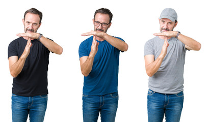 Collage of handsome senior man over white isolated background Doing time out gesture with hands,...
