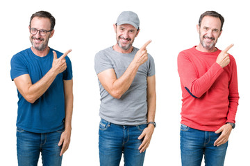 Collage of handsome senior man over white isolated background cheerful with a smile of face pointing with hand and finger up to the side with happy and natural expression on face