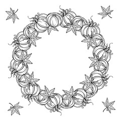 Black and white autumn wreath ornament. Pumpkins and autumn leaves garland. Antistress coloring page.