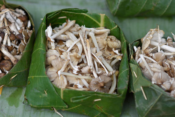 A set of good and eatable mushrooms in small baskets sell in market Thailand.