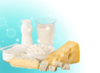 Fresh Dairy Products, Milk and Cheese isolated on white background