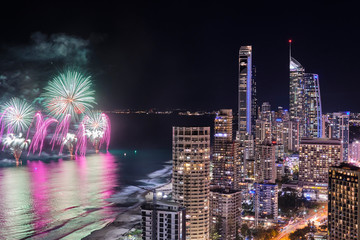 City view of Surfers Paradise with big fireworks, Gold Coast Queensland Australia
