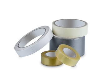 office stationary Roll of Glue tape, masking tape, Double-sided adhesive, Cloth tape and scotch tape isolated on white background