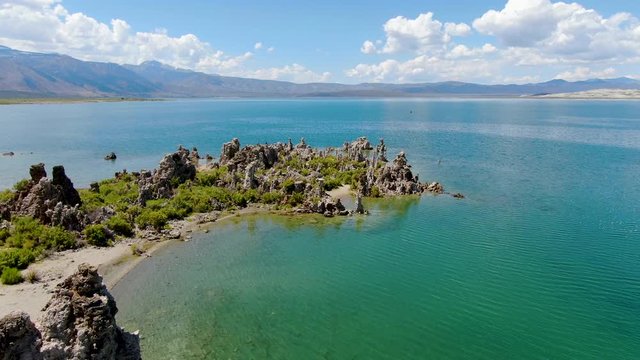 Aerial view of Mono Lake with tufa rock formations during summer season, Mono County, California, USA