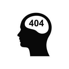 Head with 404 brain icon. brain not found logo.illustration of  stupid, foolish and empty-headed person with lack of intelligence and iq.