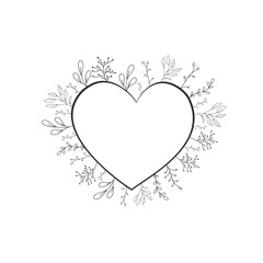 Vector frame in the form of heart with flowers and plants in the doodle style. Botanical design for the wedding