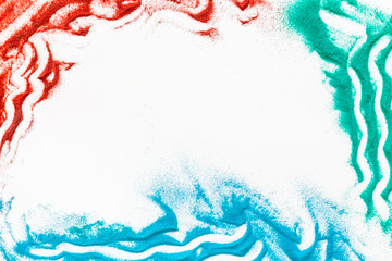 Abstract pattern with red, green, blue sand texture frame on white background top view mockup