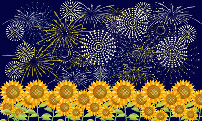 夏　花火大会　お祭り　ひまわり　8月　真夏　真夏　夜　夜空　花火　水彩　背景　背景素材