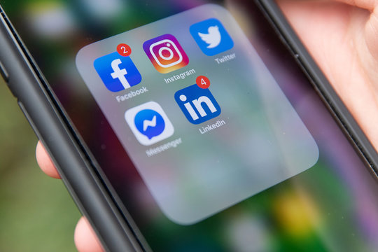General view of social media app icons on iPhone XS Max in Everett, Washington on August 8, 2019