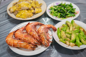 Selection with Chinese Food Including Prawn, Chicken and Vegetable