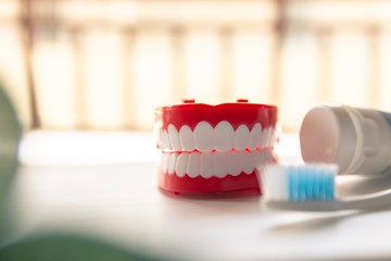 Close up Denture with toothpaste Toothbrush on blurred background.Metaphor for oral, dentures jaw toothy healthcare protect.