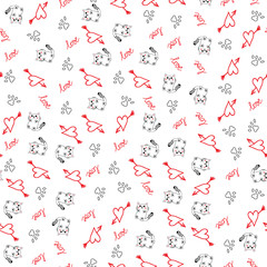 Hand drawn cute kittens pattern background with cats ,hearts and paw print.