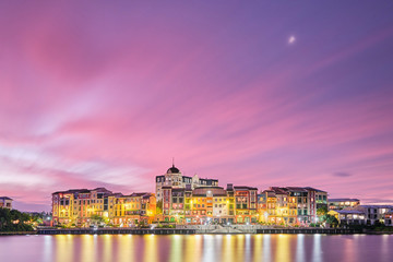 Fototapeta na wymiar French quarter Gold Coast with pink long exposure sunset