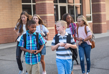  Large, diverse group of kids leaving school at the end of the day. School friends walking together and talking together on their way home