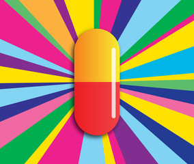 Capsule or Pill Psychedelic Medicine with Colorful and Bright Rotating Background. Concept of Neurohacking Drug For Brain Rewiring To Treat Depression and Enhancing Quality of Life
