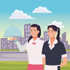 Professionals workers couple smiling cartoons