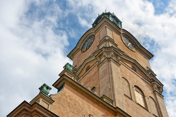 Fototapeta na wymiar Bell tower, Storkyrkan Cathedral, Stockholm, Sweden. Church dates to circa 1290, bell tower to 1743