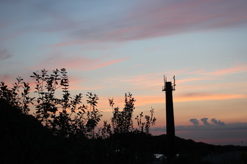 Fototapeta premium silhouette of industrial chimney and plants at sunset