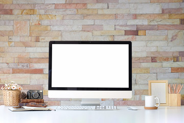 Fototapeta premium Workspace desk and laptop. copy space and blank screen. Business image, Blank screen laptop and supplies.