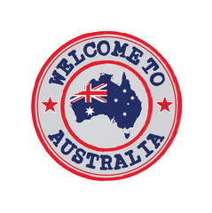 Vector stamp of welcome to Australia with map outline of the nation in center.