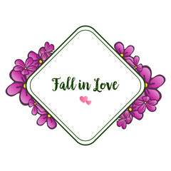 Sketch of flower frame, in purple colors, with template for design fall in love. Vector