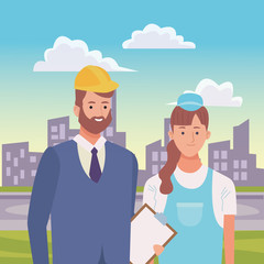 Professionals workers couple smiling cartoons