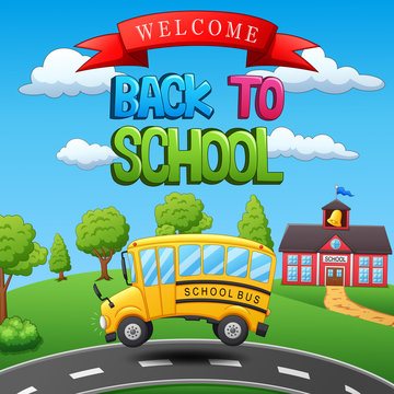 Back to school background with school bus jumping. vector illustration