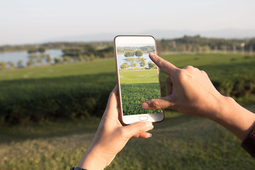 Hand with smartphone with tropical mountain and sky