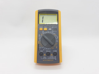 Yellow Modern Digital Electronic Multi Meter with Ohm Ampere Volt and Watt Measurement with Red and Black Probe in White Isolated Background