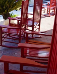 Red chairs on a deck