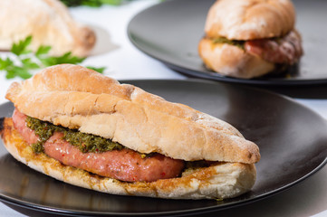 Choripan, south American style chorizo sandwich