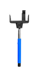 extensible selfie stick with an adjustable clamp on the end on  white background with clipping path