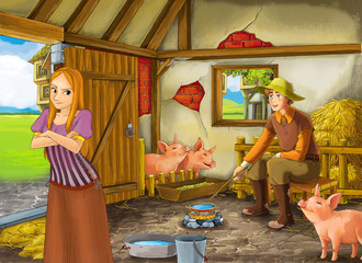 Obraz na płótnie Canvas Cartoon scene with princess and farmer rancher in the barn pigsty illustration for children