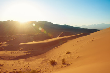 Fototapeta na wymiar Sunset over the desert. Landscape of sand dunes