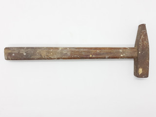 Vintage Used Rusty Hammer in Hand in White Isolated Background