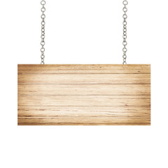 close up of a wooden sign with chain on white background with clipping path