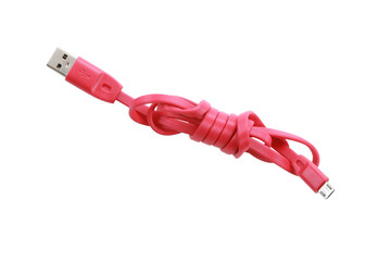 Red Cable connector micro-USB to USB on white background with clipping path